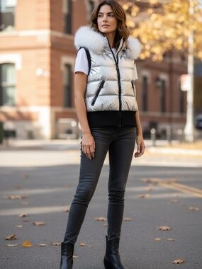 Goldbergh Silver Shine Faux Fur Trimmed Vest Size 8